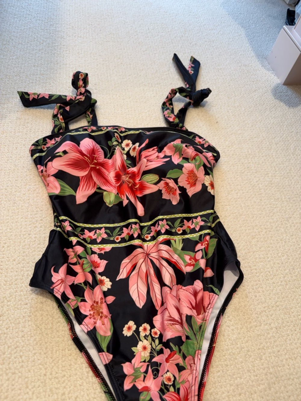 Black One-Piece Swimsuit with Pink Floral Print- New!!
